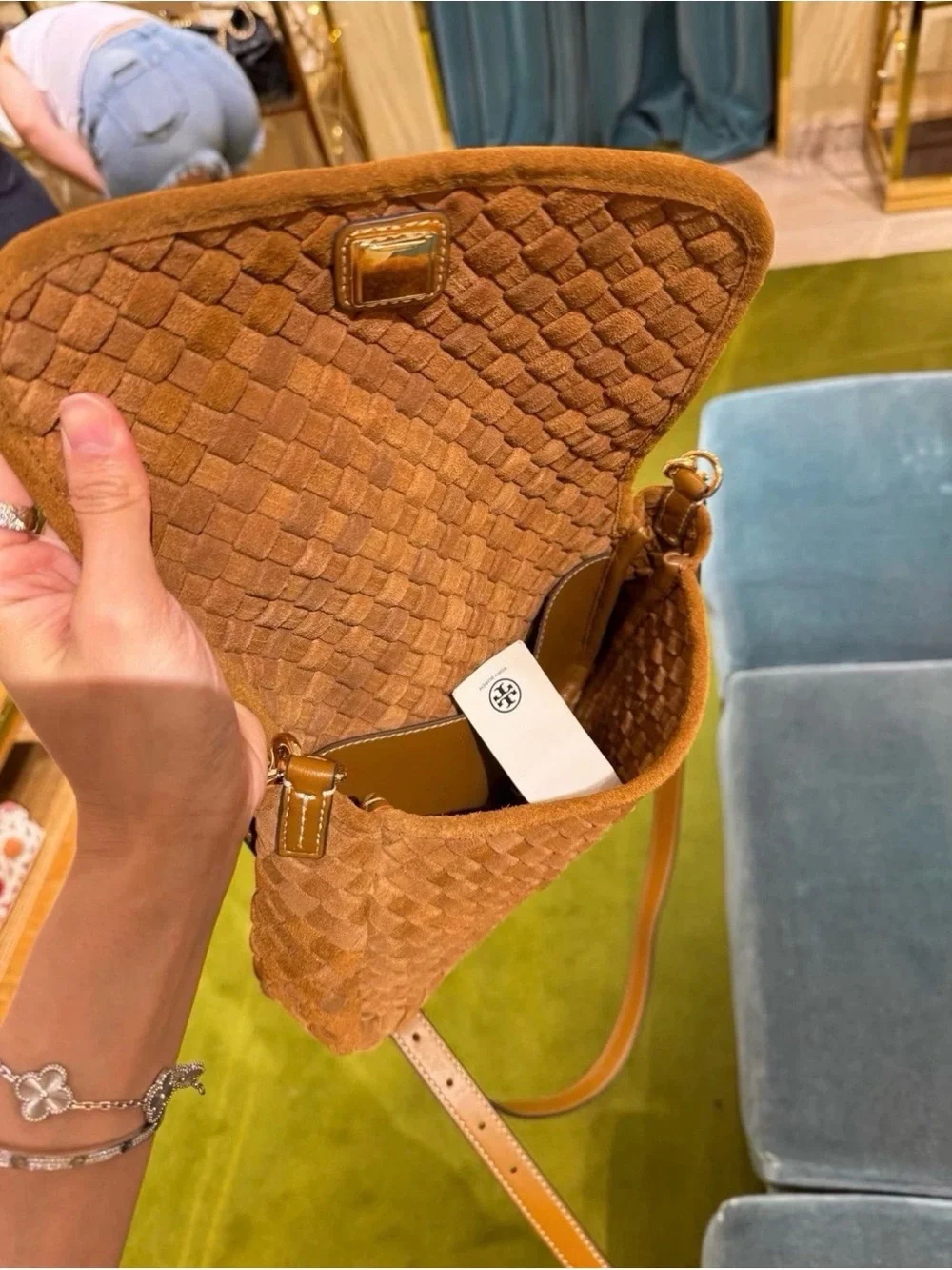 Tory Burch Thea Woven Suede Flap Crossbody in Chicroy Brown NWT